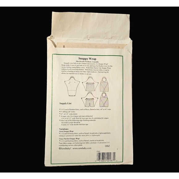 Sew Baby Pattern Snappy Wrap Swaddle Unisex Sizes Newborn 6 Months Uncut FF NOS - Picture 2 of 3